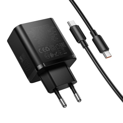 Ładowarka sieciowa do telefonu Hoco 2x USB C + USB A QC3.0 PD 3A 65W + kabel USB C do USB C N75 czarna