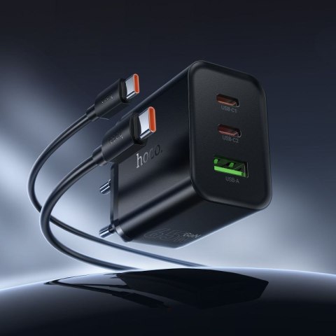 Ładowarka sieciowa do telefonu Hoco 2x USB C + USB A QC3.0 PD 3A 65W + kabel USB C do USB C N75 czarna