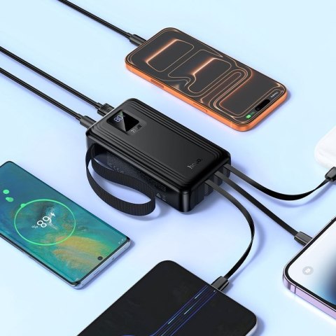 Powerbank 20000 mAh QC PD 22,5W z wbudowanymi kablami USB A + USB C + Lightning + Micro USB oraz dwoma latarkami Hoco J173 czarn