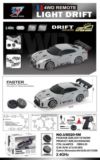 Autko R/C do Driftu 1:20 z Funkcją Świateł Szary